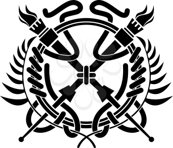 Black and white vector illustration of crossed flaming torches over a laurel wreath surrounding a circle
