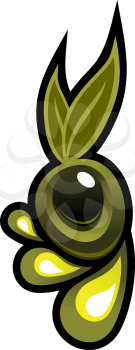 Cartoon icon depicting organic extra virgin olive oil with green droplets of olive oil dripping from a black olive with leaves