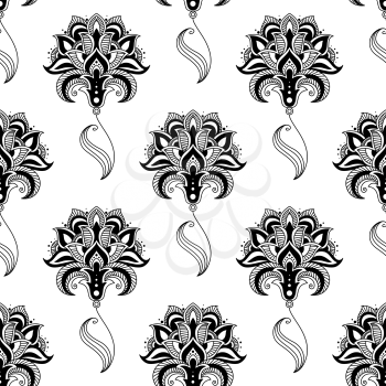 Pretty black and white calligraphic vintage floral seamless pattern with intricate ornate flowers in a repeat pattern in square format