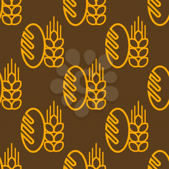 Seamless repeat pattern of a French baguette and an ear of ripe golden wheat on a brown background in square format, vector design