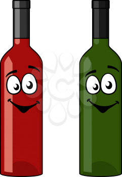Two bottles of wine, one red and one white in green glass with happy smiling faces standing side by side, cartoon vector illustration