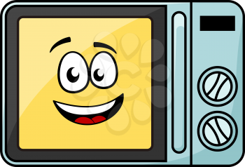Cute cartoon microwave oven with a cheerful yellow smiling face behind the glass door, vector illustration isolated on white