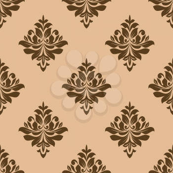 Seamless vintage wallpaper design of floral arabesques in a repeat pattern of brown on beige, vector illustration