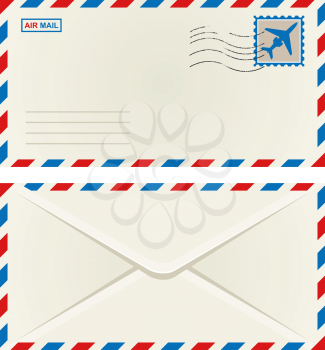 Front and back of an unaddressed airmail envelope with an aeroplane postage stamp and postage cancellation, vector illustration isolated on white