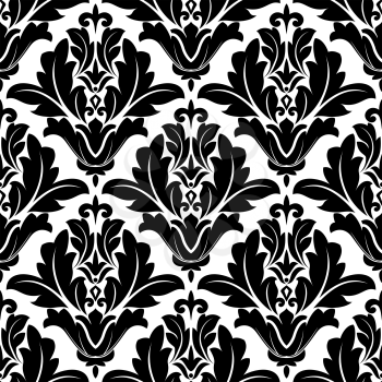 Bold black and white arabesque design with a geometric floral motif in a repeat seamless pattern suitable for damask style fabric or wallpaper