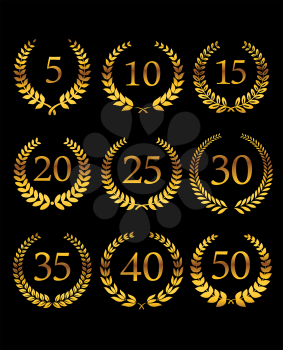 Anniversary golden laurel wreathes set with numbers for holiday design