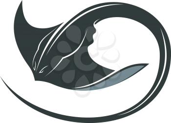 Swimming manta ray or sting ray with a curly tail and outspread pectoral fins for sealife concept