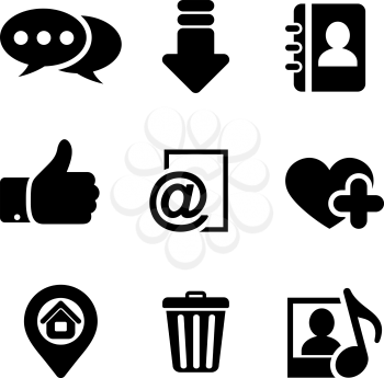  Black multimedia icons set with chat, download, notebook, like, e-mail, home, favorite, media and bin symbols
