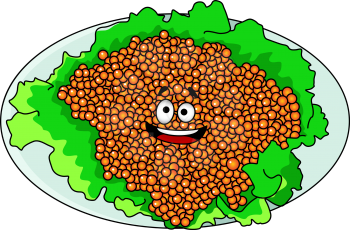 Red caviar with funny smile on salad leaf for seafood design, cartoon illustration