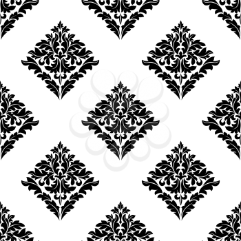 Diamond shaped floral arabesque motif in a repeat seamless pattern in black and white in square format suitable for damask style wallpaper and textiles