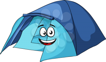 Fun blue cartoon tent with a happy smiling face and toothy grin isolated on white