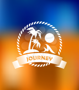Tropical summer vacation icon with palm trees, ocean waves and summer sun in a circular frame with a ribbon banner with the journey word