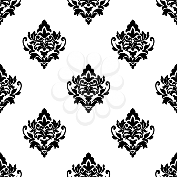 Black and white seamless arabesque pattern with repeat floral motifs in square format suitable for fabric and textile design