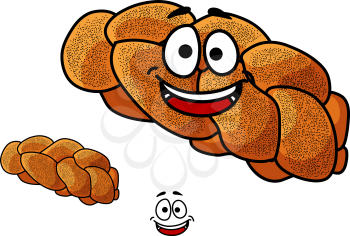 Cartoon loaf of freshly baked gourmet plaited bread with poppy seed and a happy smiling face isolated on white