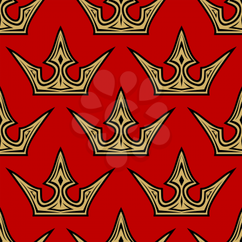 Seamless pattern of golden crowns on a royal red background in square format suitable for wallpaper, tiles and fabric design