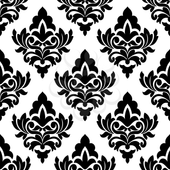 Bold damask style seamless pattern with large black and white floral arabesque motifs