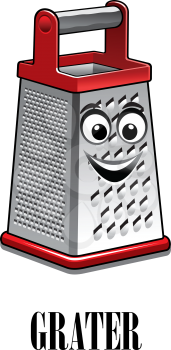 Cartoon stainless steel kitchen grater with red trim and a big happy smile, vector illustration isolated on white