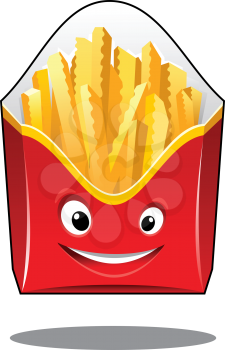 Cartoon crispy golden French fries in a colorful red takeaway carton pack with a happy smiling face isolated on white background