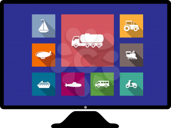 Set of flat transport icons on a computer monitor on colorful web buttons, with a sailboat, truck, tractor, blimp, train engine, van, scooter, cruise liner and hot air balloon