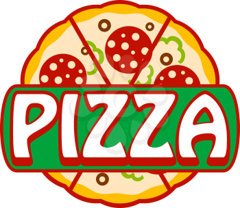 Pizza banner, icon or sign with the word - Pizza - over a whole freshly baked pepperoni or salami pizza isolated on white