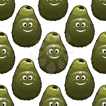 Seamless background pattern of cute little green cartoon avocado with a happy smiling face in square format