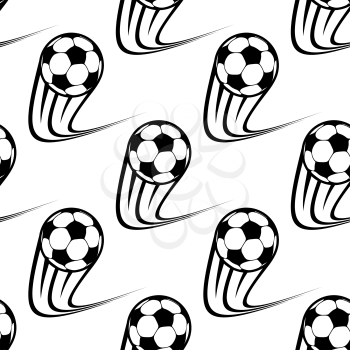 Seamless black and white background pattern of zooming soccer balls with curved speed trails
