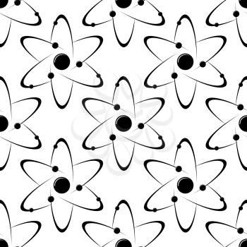 Seamless pattern of orbiting particles around a nucleus in a science and research concept, black and white illustration
