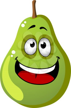 Cute little green cartoon pear with a big toothy smile isolated on white for health food concept
