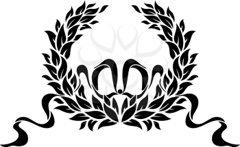 Black and white circular foliate wreath with ornamental swirling ribbons for vintage heraldry design