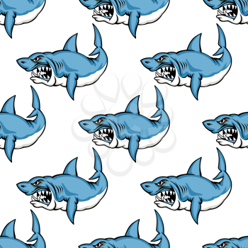 Fierce predatory swimming shark baring its teeth in a seamless repeat pattern in square format suitable for a nautical themed wallpaper or fabric