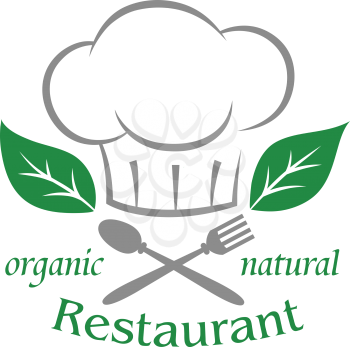 Organic natural restaurant icon with a chefs toque or hat over a crossed spoon and fork with green leaves and text on a white background