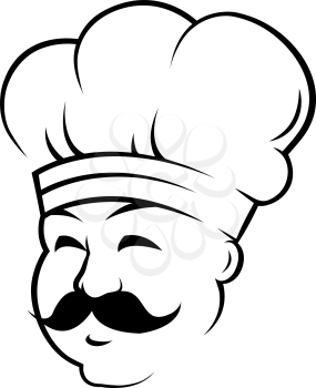 Head of a smiling chef wearing a traditional white toque with a curling black moustache, black and white doodle sketch