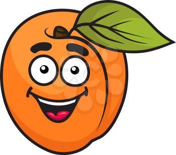 Colorful orange cartoon apricot fruit with a happy smile and single green leaf