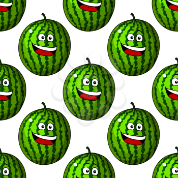 Happy laughing cartoon green summer watermelon fruit in a repeat seamless pattern in square format
