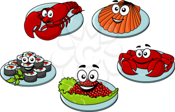 Cute funny cartoon seafood delicacies with a red lobster, crab, plate of sushi, caviar and cockle shell for delicious seafood cuisine