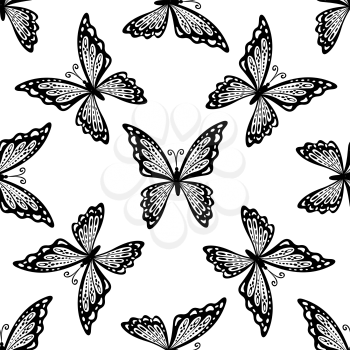 Seamless pattern of delicate black and white butterflies with outspread wings in a random orientation, square format suitable for fabric, tiles or textile design
