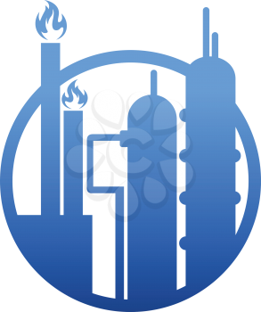Industry icon showing a factory or petrochemical refinery plant with chimneys belching smoke and flames and stylised storage tanks in a circular frame