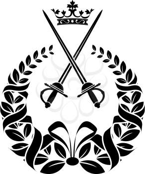 Royal laurel wreath with long knight swords and ribbons isolated on white for heraldry design
