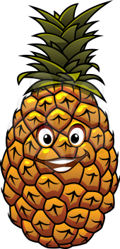 Fun cartoon tropical pineapple fruit with a happy smiling face and crown of green leaves