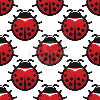 Seamless background pattern of cartoon red and black spotted ladybugs or ladybirds in square format