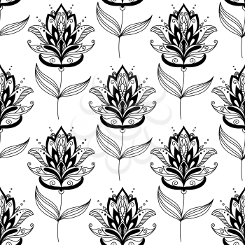 Seamless black and white paisley floral background pattern with ornate calligraphic motifs in square format suitable for textile or wallpaper