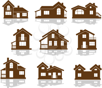 Set of apartment house icons in brown and white showing different styles of building in silhouette