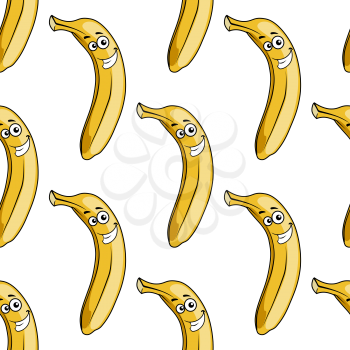 Seamless background pattern of a happy ripe yellow tropical cartoon banana with a merry grin in square format for textile or wallpaper