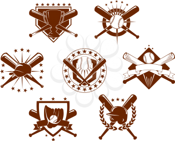 Set of seven different baseball emblems or icons depicting crossed bats with a trophy, glove, helmet, baseball with stars and shields