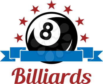 Billiard sport symbol with ball, ribbons, stars and text for leisure sports design