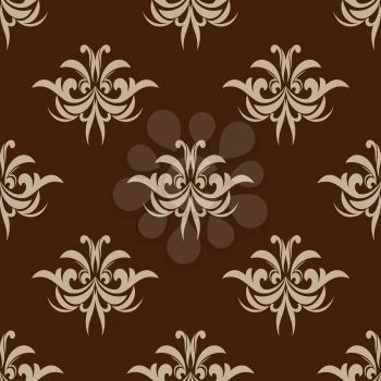 Cream colored floral seamless pattern with repeat motifs of arabesque elements in damask style for wallpaper, tiles and fabric design in square format isolated over brown background