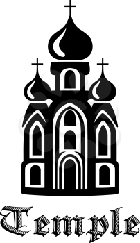 Black and white silhouette Temple icon with with the front facade of the building with three onion domes and the text - Temple - beneath