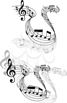 Two different grayscale designs of a swirling music score with musical notes and perspective for musical design