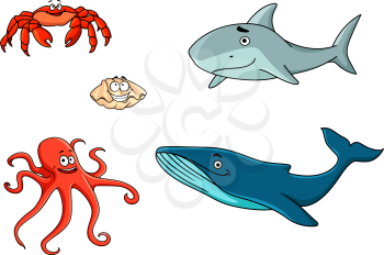 Set of marine sea life animals with red crab, red octopus, shark, seashell and whale in cartoon style