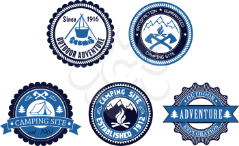 Set of five circular blue Outdoor Adventure and Camping emblems or labels with various text decorated with a tent, cooking fire, axes, mountains and ribbon banners